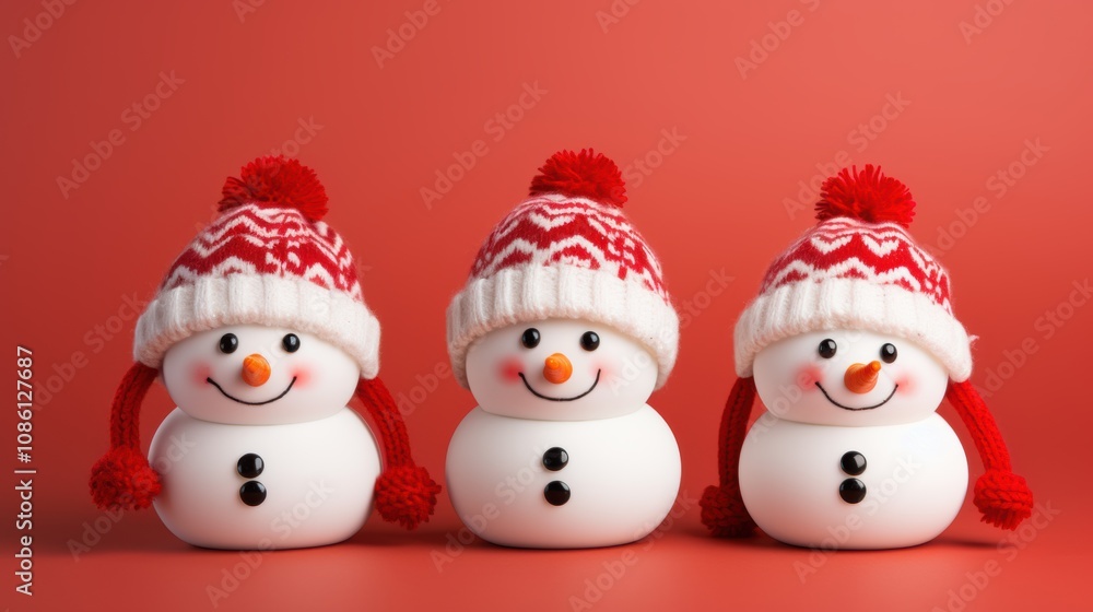 Three Festive Snowmen in Red and White Knit Hats and Scarves, Celebrating the Christmas Season on a Red Background
Three Festive Snowmen in Red and White Knit Hats and Scarves, Celebrating the Christmas Season on a Red Background