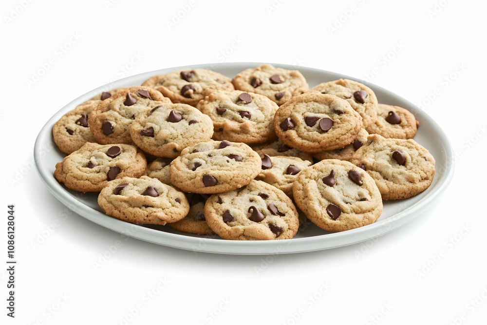 Plate of chocolate chip cookies arranged neatly on a white background . illustration Plate of chocolate chip cookies arranged neatly on a white background . illustration