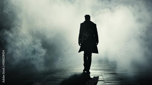 Mysterious figure walking through dense fog in an urban landscape