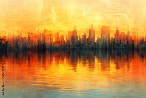 soft abstract view of a sunset skyline reflecting over calm water, warm golden hour atmosphere . illustration