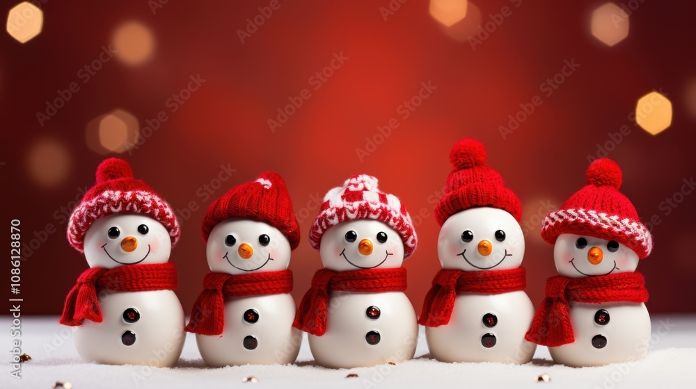 Five Jolly Snowmen in Red Knit Hats and Scarves, Spreading Holiday Cheer against a Warm Bokeh Background
Five Jolly Snowmen in Red Knit Hats and Scarves, Spreading Holiday Cheer against a Warm Bokeh Background