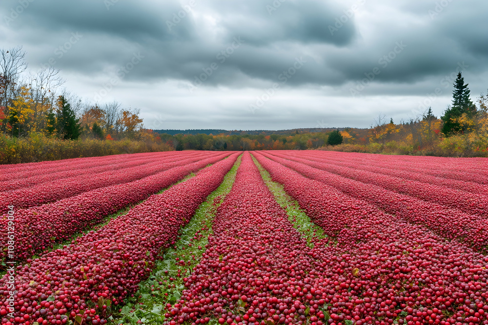 Vibrant red cranberry field ready for harvest on an overcast day Vibrant red cranberry field ready for harvest on an overcast day