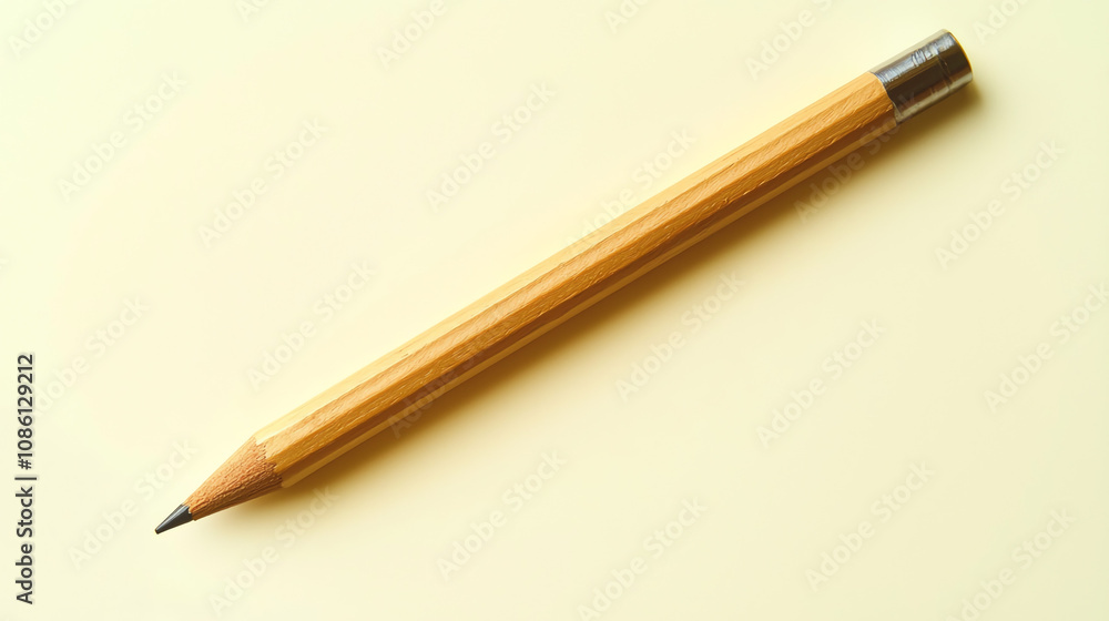 A single wooden pencil resting on a light yellow background, perfect for drawing and writing in a minimalistic style A single wooden pencil resting on a light yellow background, perfect for drawing and writing in a minimalistic style