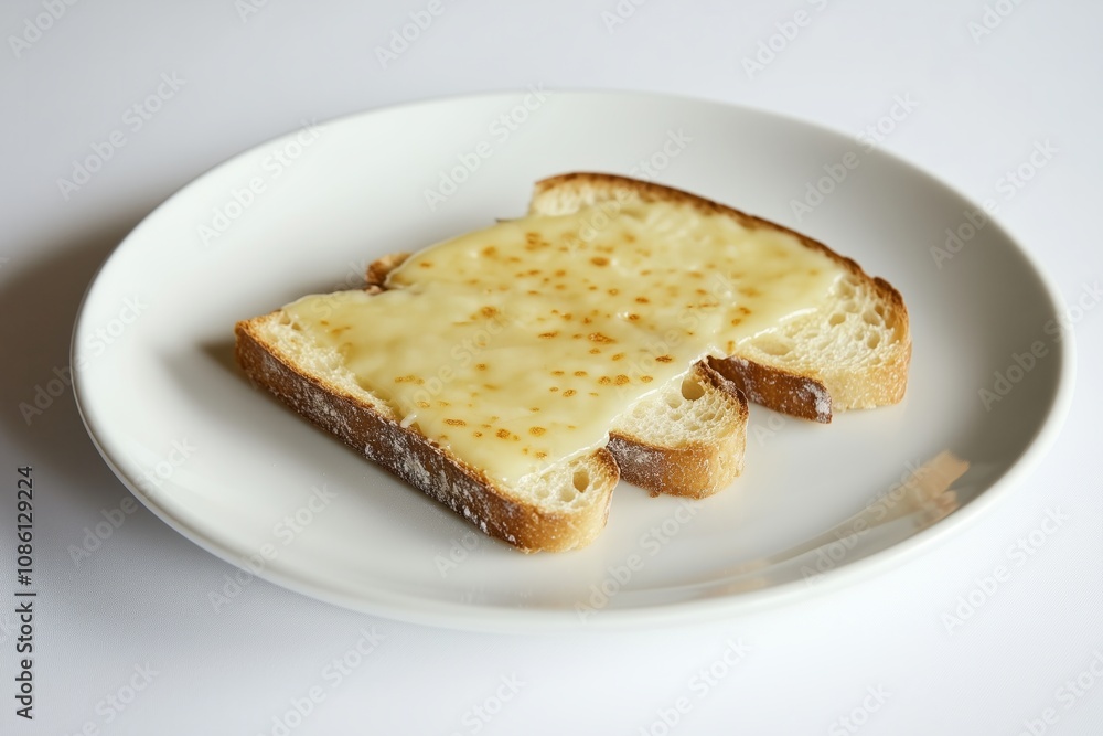 Slice of bread with melted cheese served on a white plate. Minimalistic food photography. Design for quick meal and snack concepts Slice of bread with melted cheese served on a white plate. Minimalistic food photography. Design for quick meal and snack concepts