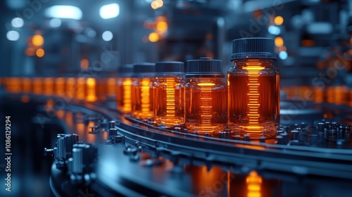 Orange Liquid in Transparent Glass Bottles on a Production Line, Highlighting Pharmaceutical Manufacturing Process 