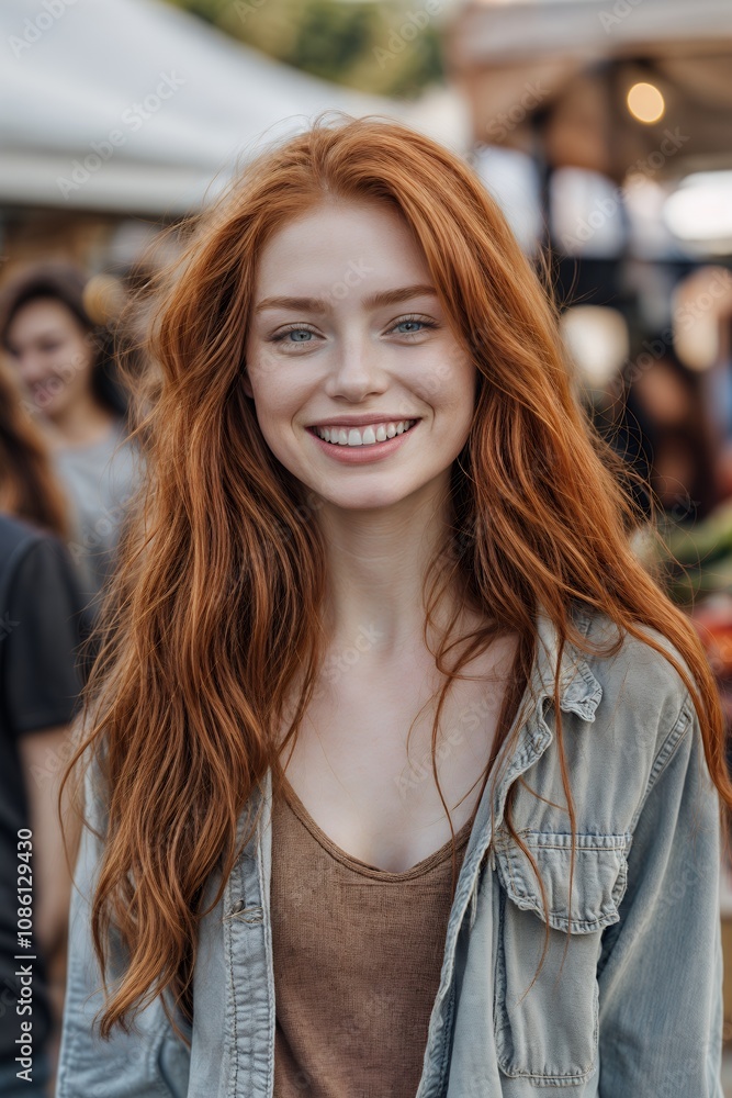 Obraz premium Woman with red hair in front of a market