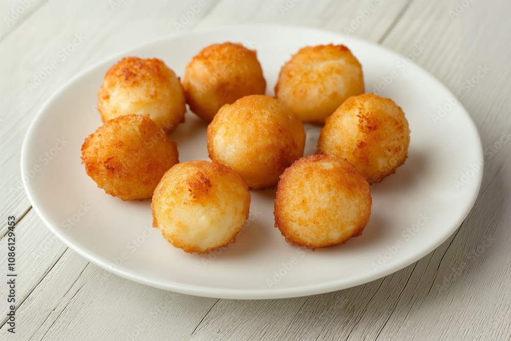 Plate of golden fried cheese balls served on a white plate. Studio food photography. Design for culinary and appetizer concepts Plate of golden fried cheese balls served on a white plate. Studio food photography. Design for culinary and appetizer concepts
