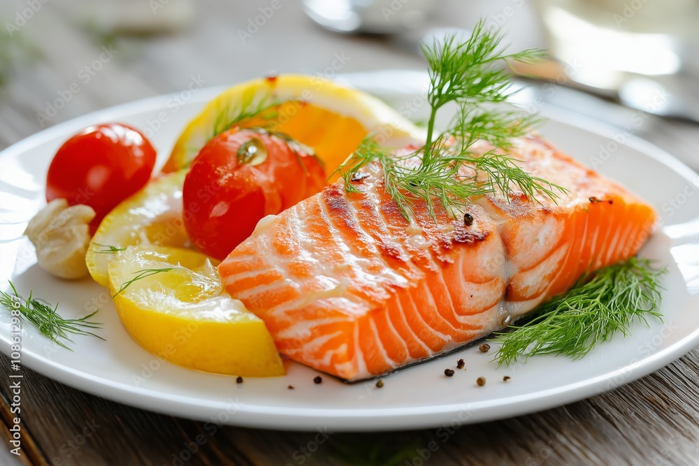 Grilled salmon fillet with lemon, tomatoes and dill on white plate Grilled salmon fillet with lemon, tomatoes and dill on white plate