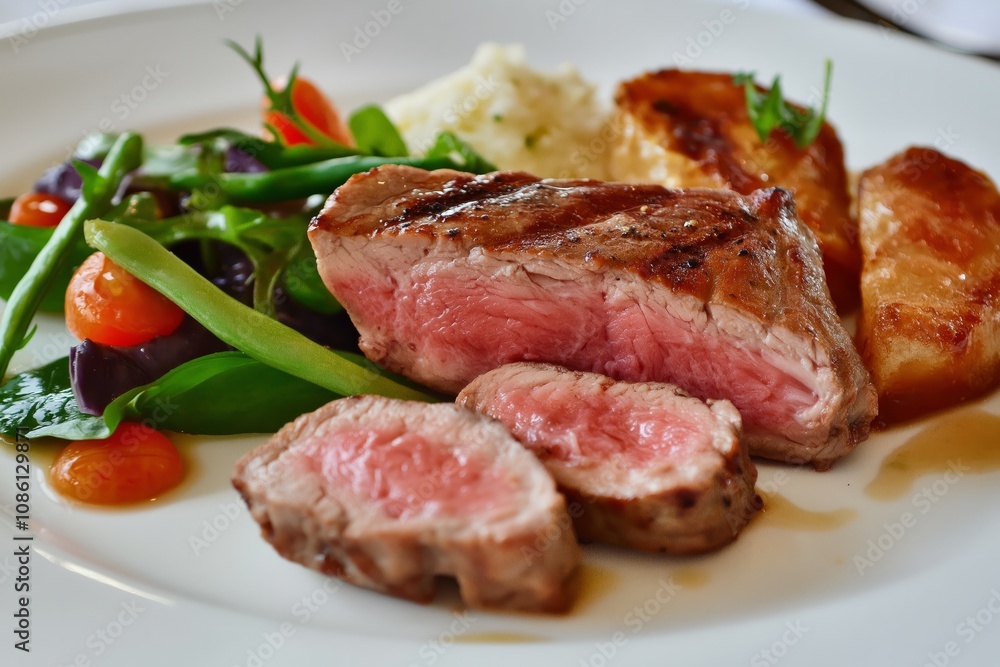 Sliced grilled steak with potatoes and salad on white plate Sliced grilled steak with potatoes and salad on white plate
