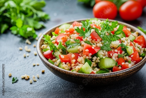 Tabbouleh salad with tomatoes, cucumbers, and parsley in a wooden bowl