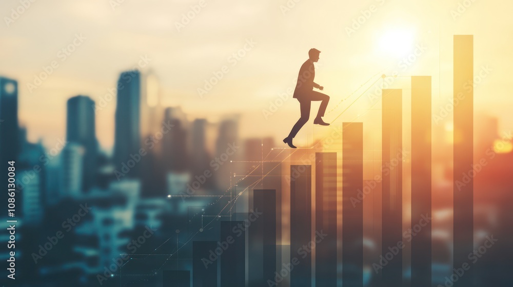 Businessman climbing up a bar chart towards the sun Businessman climbing up a bar chart towards the sun