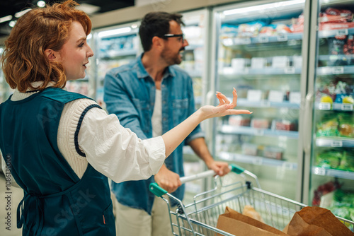 Supermarket employee assisting customer choosing product from refrigerated section photo