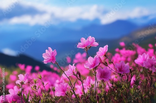 Pink rhododendron flowers blooming in mountain landscape