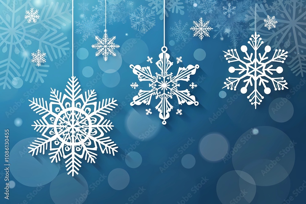 Delicate Snowflakes Hang From Strings Against a Serene Blue Background, Creating a Whimsical Winter Wonderland Atmosphere Delicate Snowflakes Hang From Strings Against a Serene Blue Background, Creating a Whimsical Winter Wonderland Atmosphere