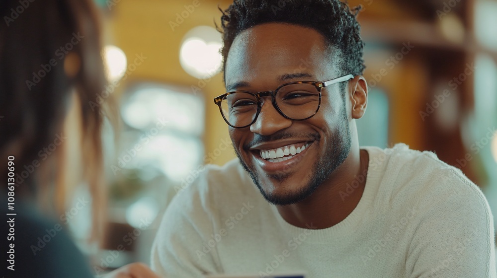 Happy man smiling at woman in cafe.