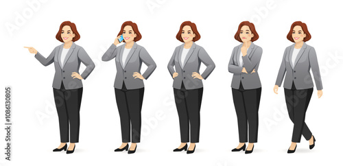 Elegant beautiful mature full-figured business woman in suit. Half turn view different gestures set isolated vector illustration