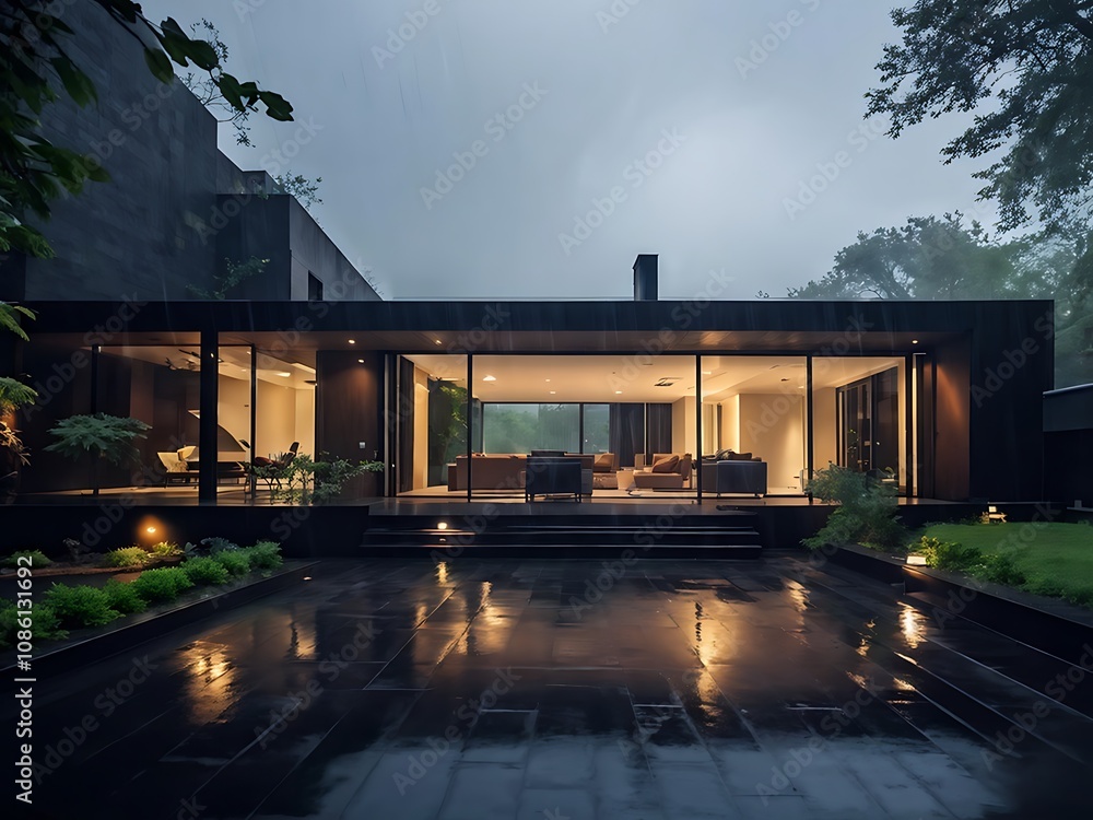 Fototapeta premium Modern House with Glass Walls in the Rain
