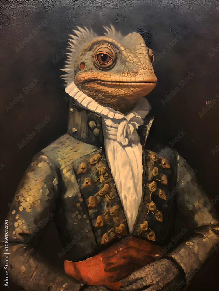 A whimsical historical portrait of a Lizard wearing human renaissance style clothing A whimsical historical portrait of a Lizard wearing human renaissance style clothing