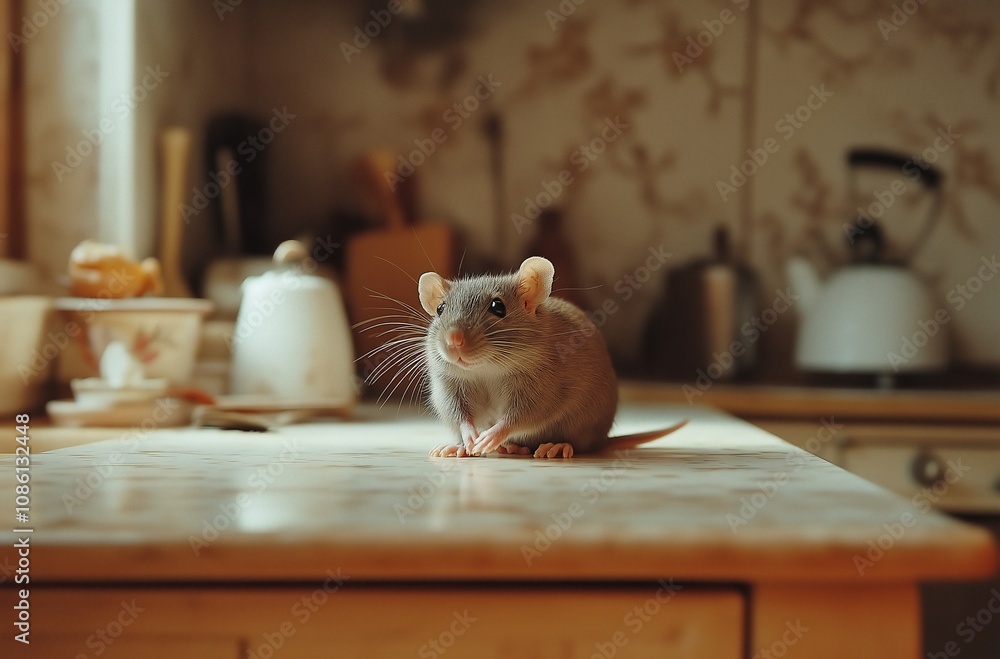 Obraz premium Cute rat sitting on kitchen table, rodent problem or adorable pet
