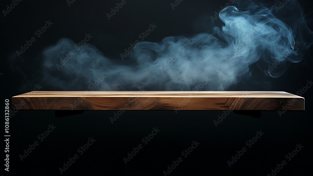 Wooden Table with Smoke Effects on a Dimly Lit Background. Bring depth to your design with an empty wooden table and floating smoke on a dark, dramatic background. Wooden Table with Smoke Effects on a Dimly Lit Background. Bring depth to your design with an empty wooden table and floating smoke on a dark, dramatic background.