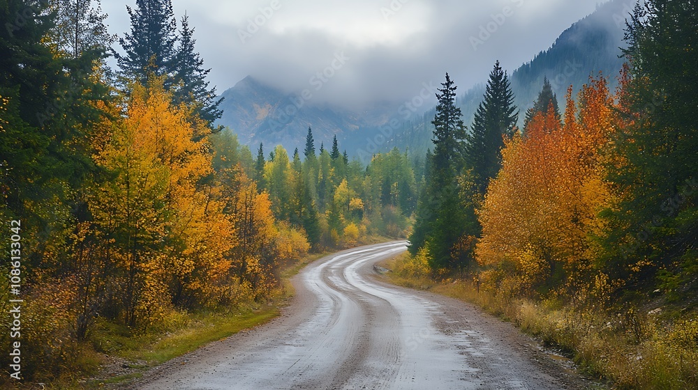 Autumn Road Winding Through Mountain Forest Autumn Road Winding Through Mountain Forest