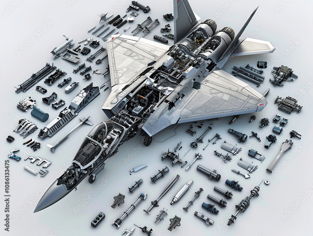 Obraz premium Dismantlement diagram of Fighter Jet, the Fighter Jet is in the middle of the picture, and Fighter Jet parts are neatly placed around it, realistic, high-definition, high quality, 8k