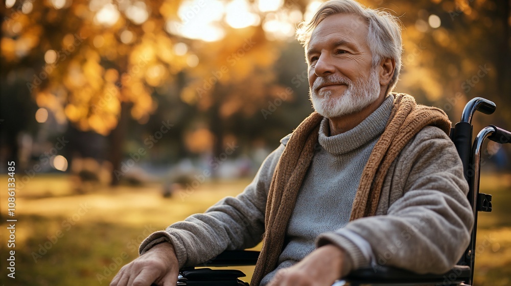 Happy senior man in wheelchair enjoying autumn park. Happy senior man in wheelchair enjoying autumn park.