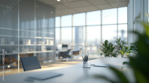 Wallpaper Mural Elegant Light-Filled Office Interior with Beautiful Blurred Background. Step into a light and airy modern office with a captivating blurred background. Panoramic windows offer stunning views  Torontodigital.ca