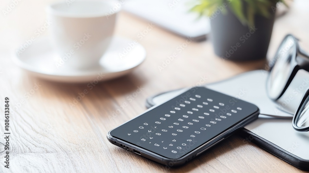 Modern smartphone with with a Braille overlay on the screen, on rustic wooden desk next to coffee cup and glasses Modern smartphone with with a Braille overlay on the screen, on rustic wooden desk next to coffee cup and glasses