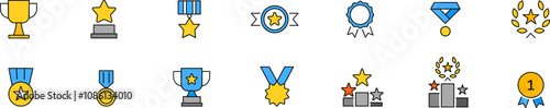 Awards and prizes color vector icon. Set of color icons of awards for victory such as medal, cup, wreath. Achievement award icons.