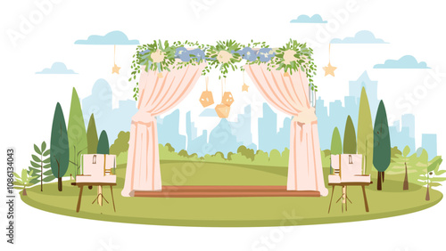 outdoor wedding ceremony setup with floral arch and chairs in a garden with city skyline background

