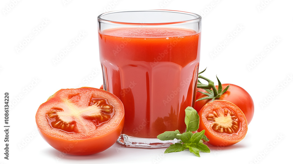 Glass of Fresh Tomato Juice with Ripe Tomatoes on White Background. This vibrant image showcases a glass filled with fresh tomato juice, accompanied by ripe tomatoes on a white background. Glass of Fresh Tomato Juice with Ripe Tomatoes on White Background. This vibrant image showcases a glass filled with fresh tomato juice, accompanied by ripe tomatoes on a white background.