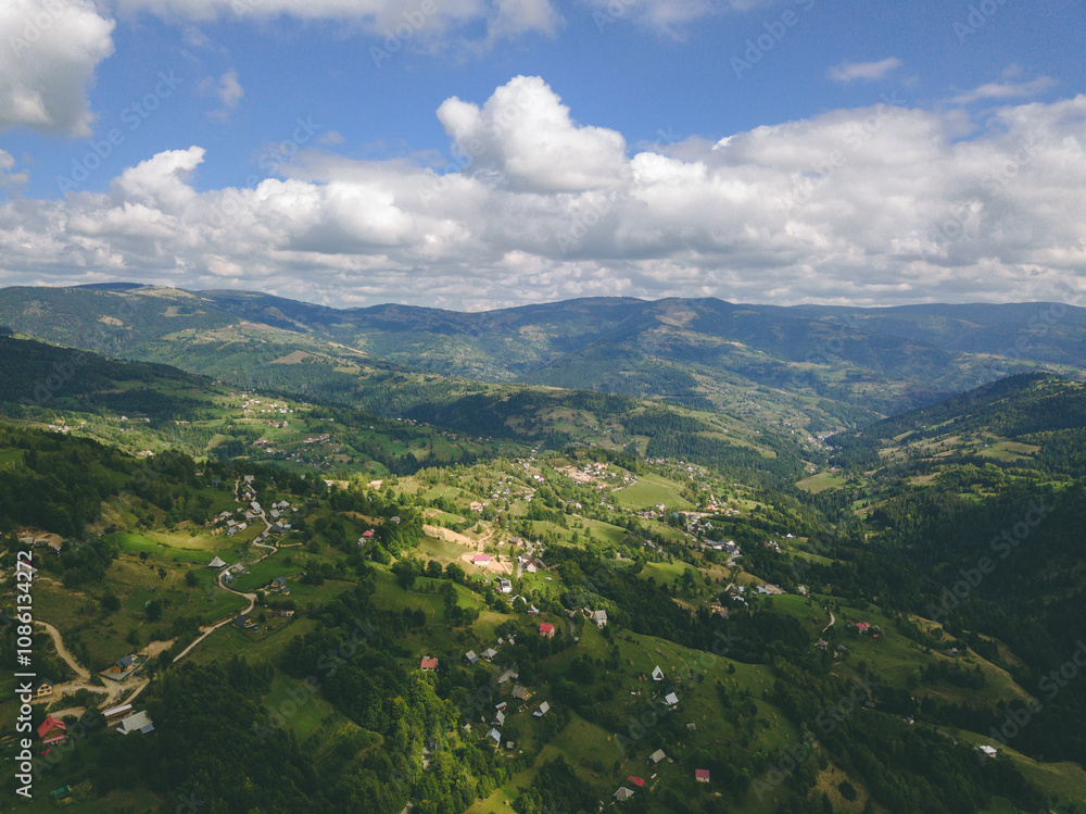 Obraz premium Misty Autumn Morning in a Mountain Village