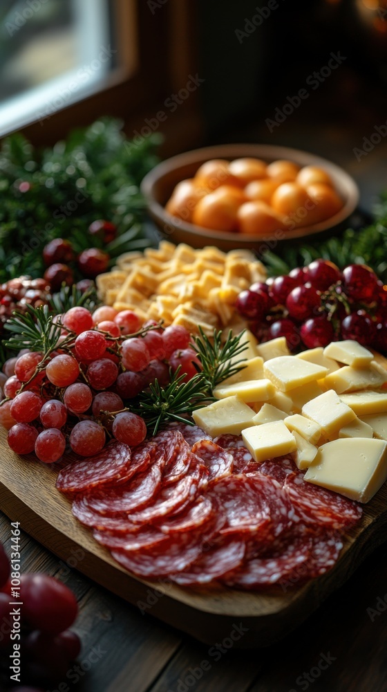 Beautifully arranged charcuterie board with seasonal accents on rustic wooden table Beautifully arranged charcuterie board with seasonal accents on rustic wooden table