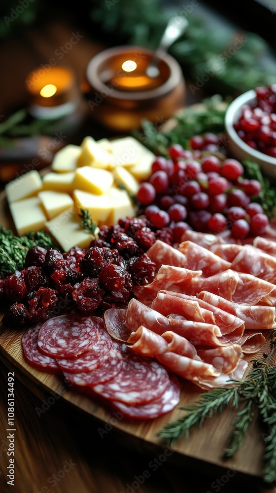 Beautifully arranged charcuterie board with seasonal accents on rustic wooden table Beautifully arranged charcuterie board with seasonal accents on rustic wooden table