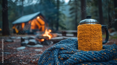 Cozy Outdoor Scene with a Warm Drink in a Hand-Knitted Mug Sweater Near a Campfire and Cabin Surrounded by Lush Green Forest and Evening Mist photo