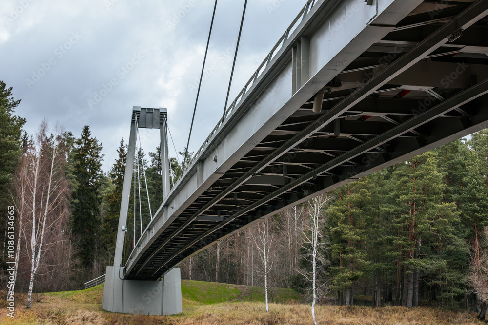 Fototapeta premium A low-angle view of a modern suspension bridge, showcasing the structural beams and cables. The bridge spans a natural landscape with tall evergreen trees and a cloudy sky in the background.