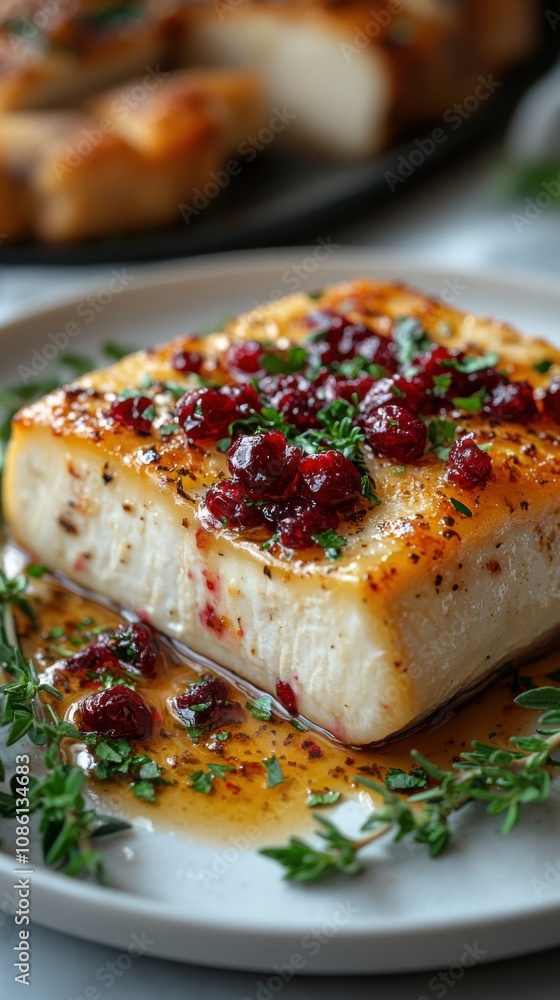 A close-up of a gooey baked brie drizzled with cranberry glaze and sprinkled with fresh herbs, elegantly displayed on a clean white plate A close-up of a gooey baked brie drizzled with cranberry glaze and sprinkled with fresh herbs, elegantly displayed on a clean white plate