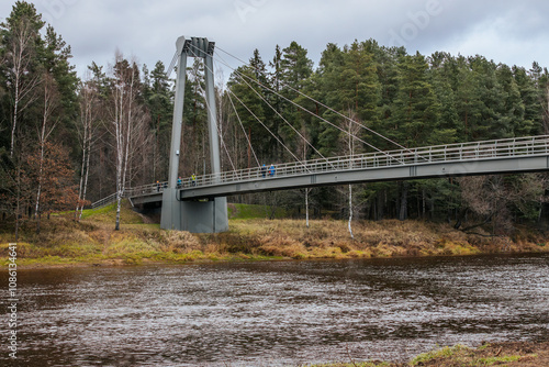 A low-angle view of a modern suspension bridge, showcasing the structural beams and cables. The bridge spans a natural landscape with tall evergreen trees and a cloudy sky in the background. photo