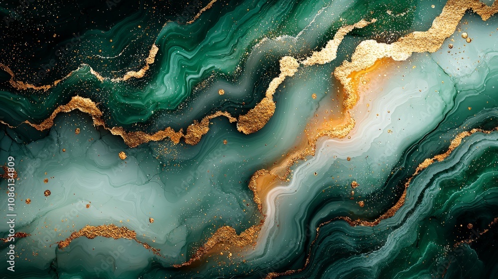 Abstract design featuring green and gold fluid shapes, ideal for backgrounds or wallpapers. Abstract design featuring green and gold fluid shapes, ideal for backgrounds or wallpapers.