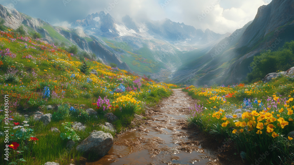 Fototapeta premium Mglisty górski krajobraz rozciąga się nad spokojną doliną, gdzie błotnista ścieżka wijąca się wśród żywych dzikich kwiatów połyskuje w wilgotnym powietrzu po deszczu.