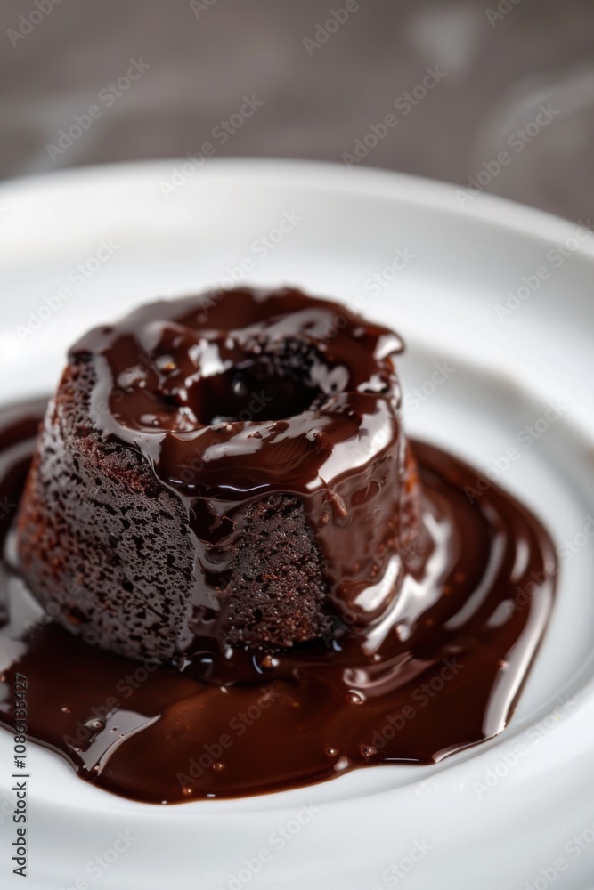 Decadent chocolate dessert served on a white plate, drizzled with rich sauce during a gourmet dining experience Decadent chocolate dessert served on a white plate, drizzled with rich sauce during a gourmet dining experience