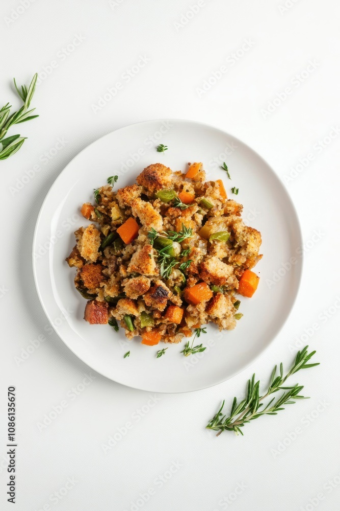 A serving of savory stuffing with herbs and vegetables, arranged on a simple white plate A serving of savory stuffing with herbs and vegetables, arranged on a simple white plate