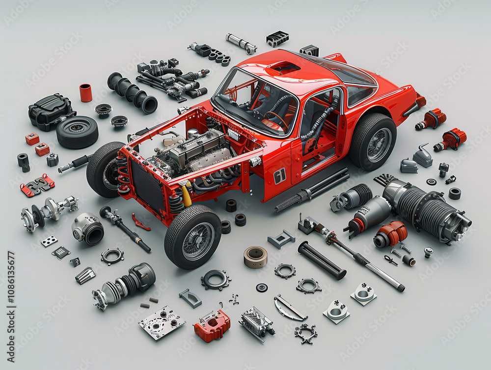 Fototapeta premium Dismantlement diagram of Race Car, the Race Car is in the middle of the picture, and Race Car parts are neatly placed around it, realistic, high-definition, high quality, 8k