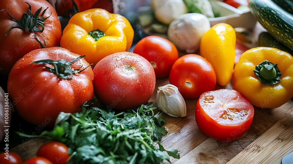 Fresh Vegetables, Tomatoes, Peppers, and Garlic Fresh Vegetables, Tomatoes, Peppers, and Garlic