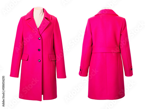 Vibrant pink womans winter coat front and back views isolated on transparent background. photo