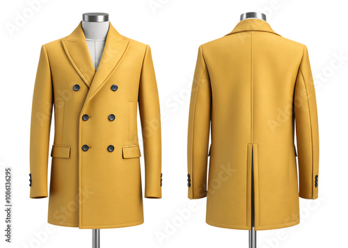 Yellow DoubleBreasted mans overcoat, front and back views isolated on transparent background. photo