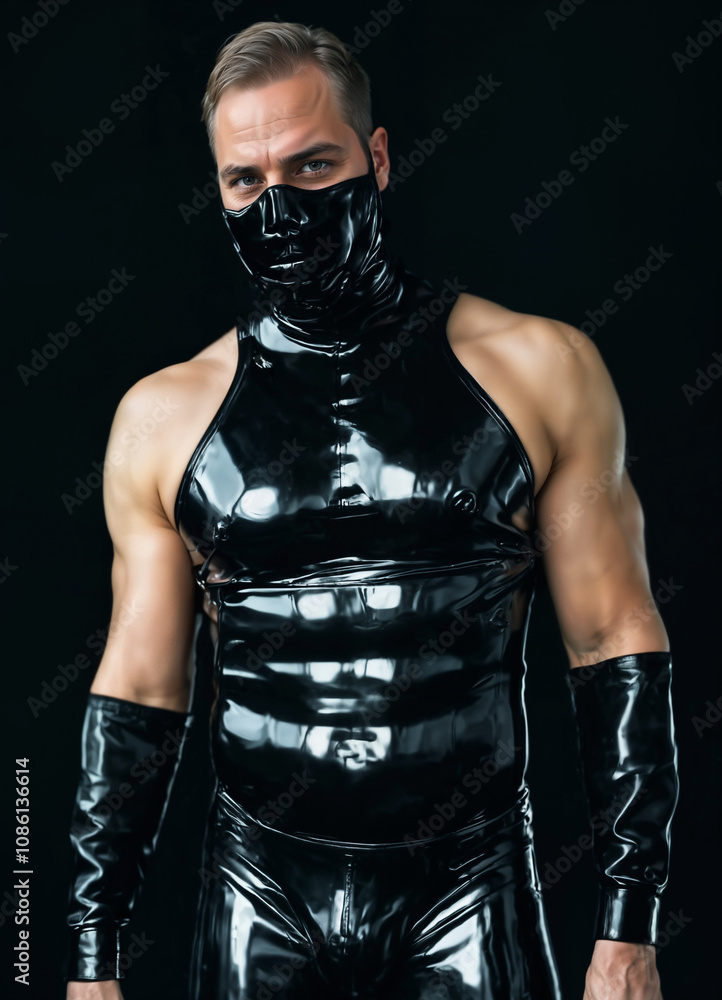 man in a black latex suit looks directly at the camera, posing with an intense expression. He wears a matching mask and gloves, creating a mysterious and stylish appearance. man in a black latex suit looks directly at the camera, posing with an intense expression. He wears a matching mask and gloves, creating a mysterious and stylish appearance.