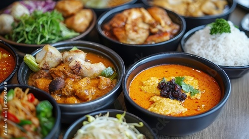 An Assortment of Asian Dishes in Bowls on a Wooden Table