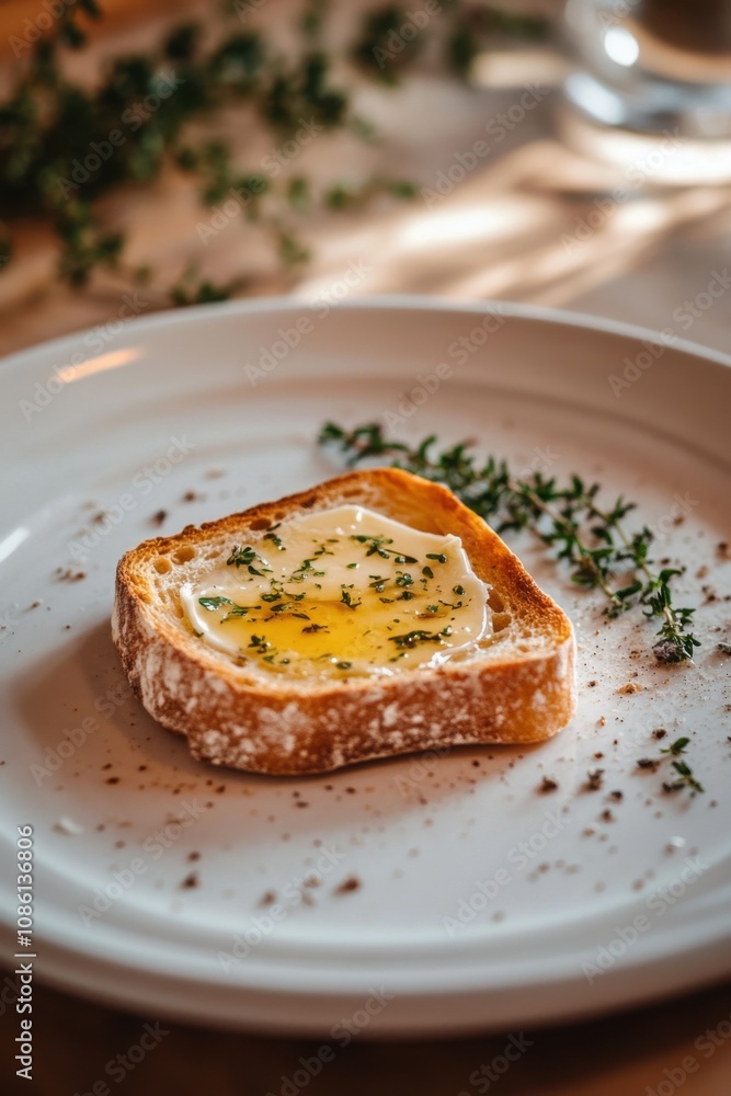 Delicious toast topped with eggs and herbs served on a white plate in a bright setting Delicious toast topped with eggs and herbs served on a white plate in a bright setting